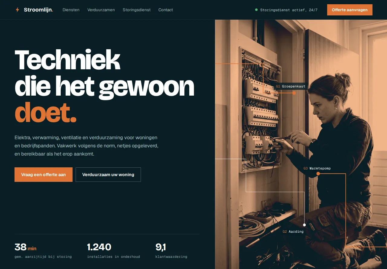 Homepage van de template Stroomlijn Installatietechniek