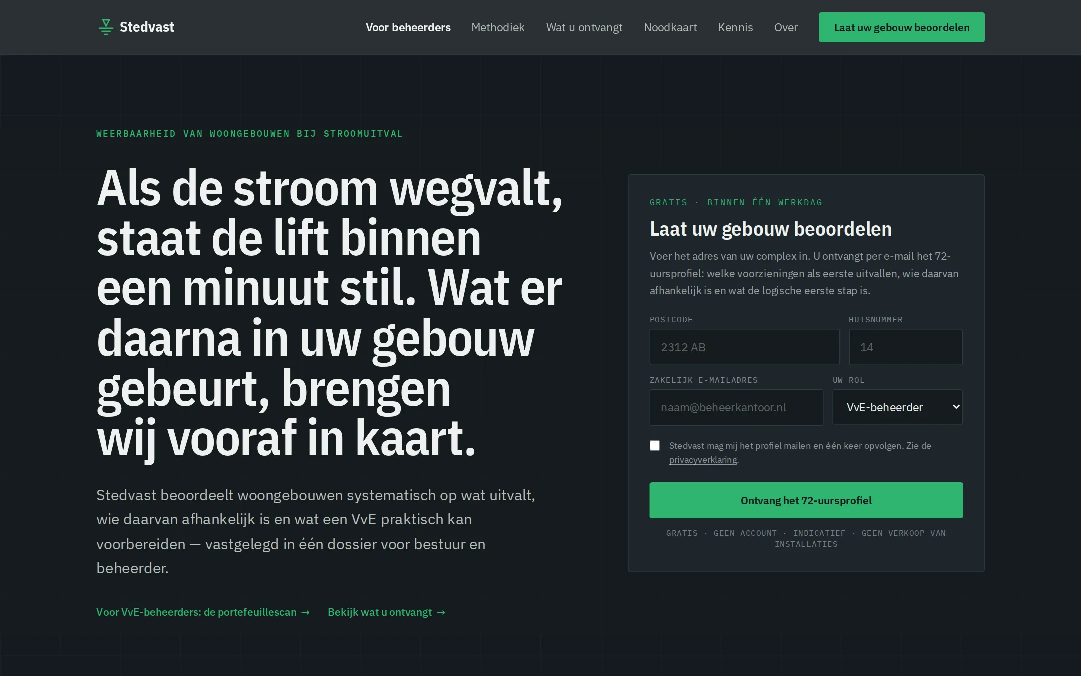 Homepagina van stedvast.nl met de kop 'Als de stroom wegvalt, staat de lift binnen een minuut stil' en het formulier voor het 72-uursprofiel.