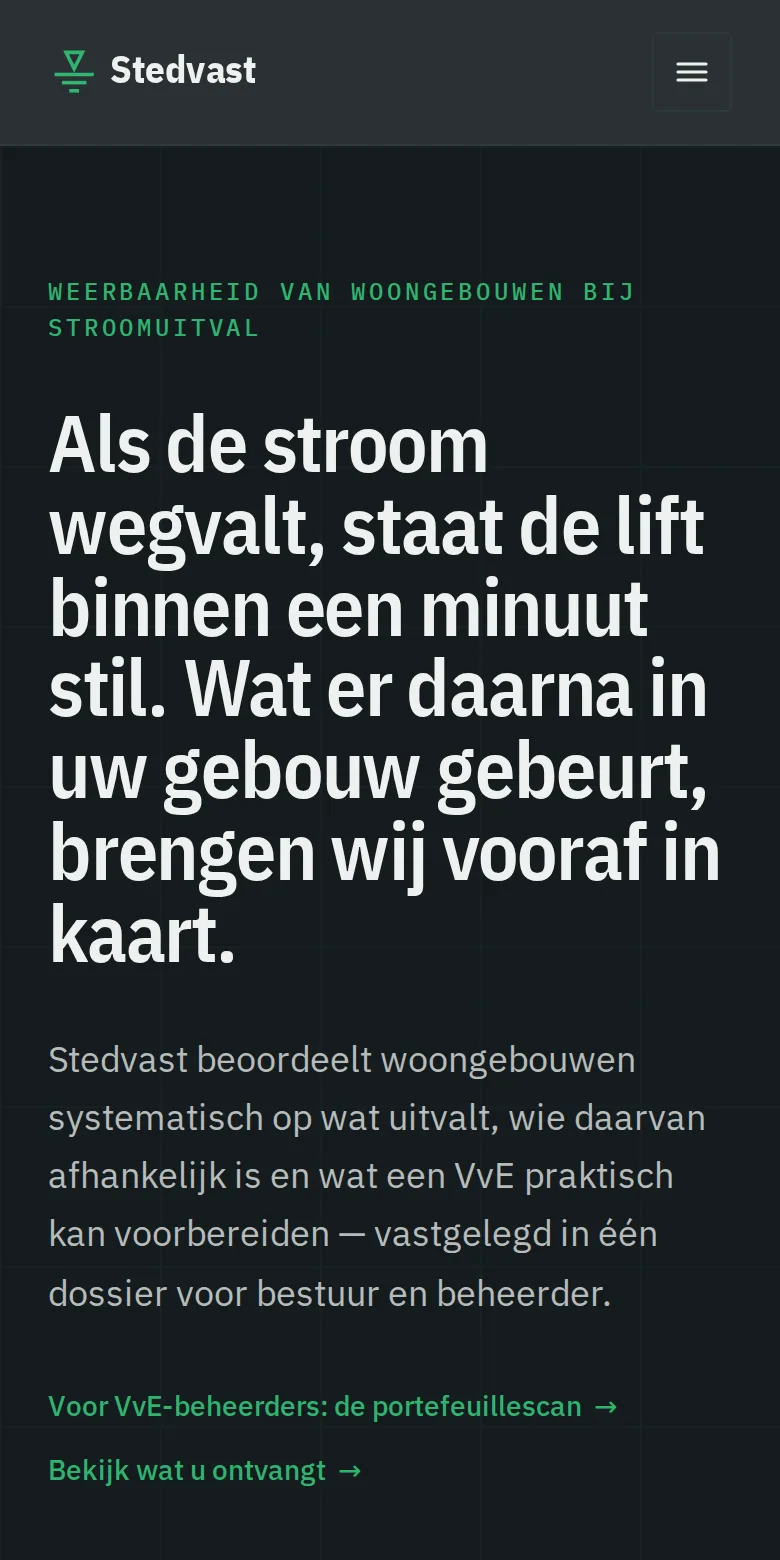 stedvast.nl op een telefoon: dezelfde kop en uitleg, in één kolom.