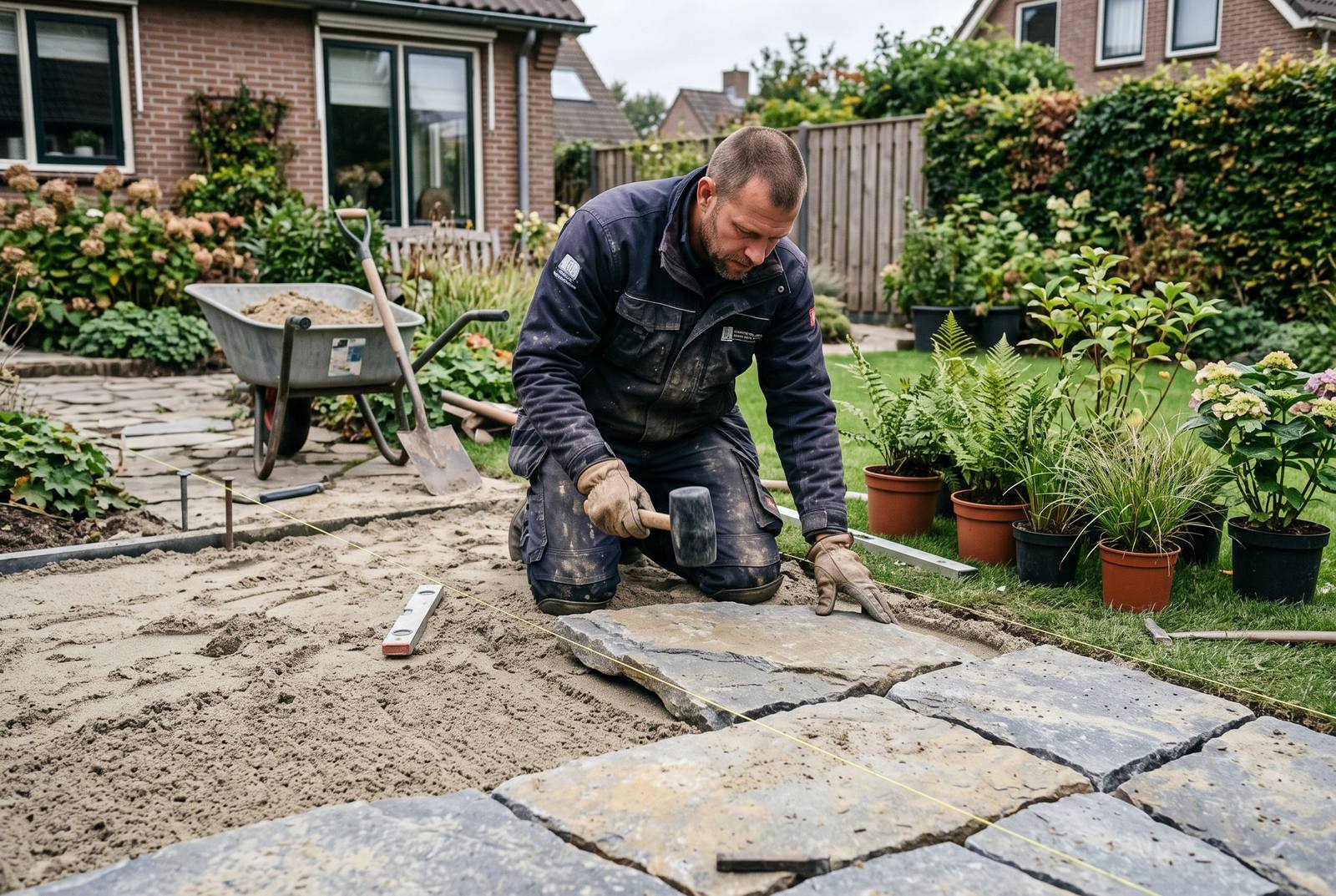 Hovenier legt natuurstenen tegels op een zandbed