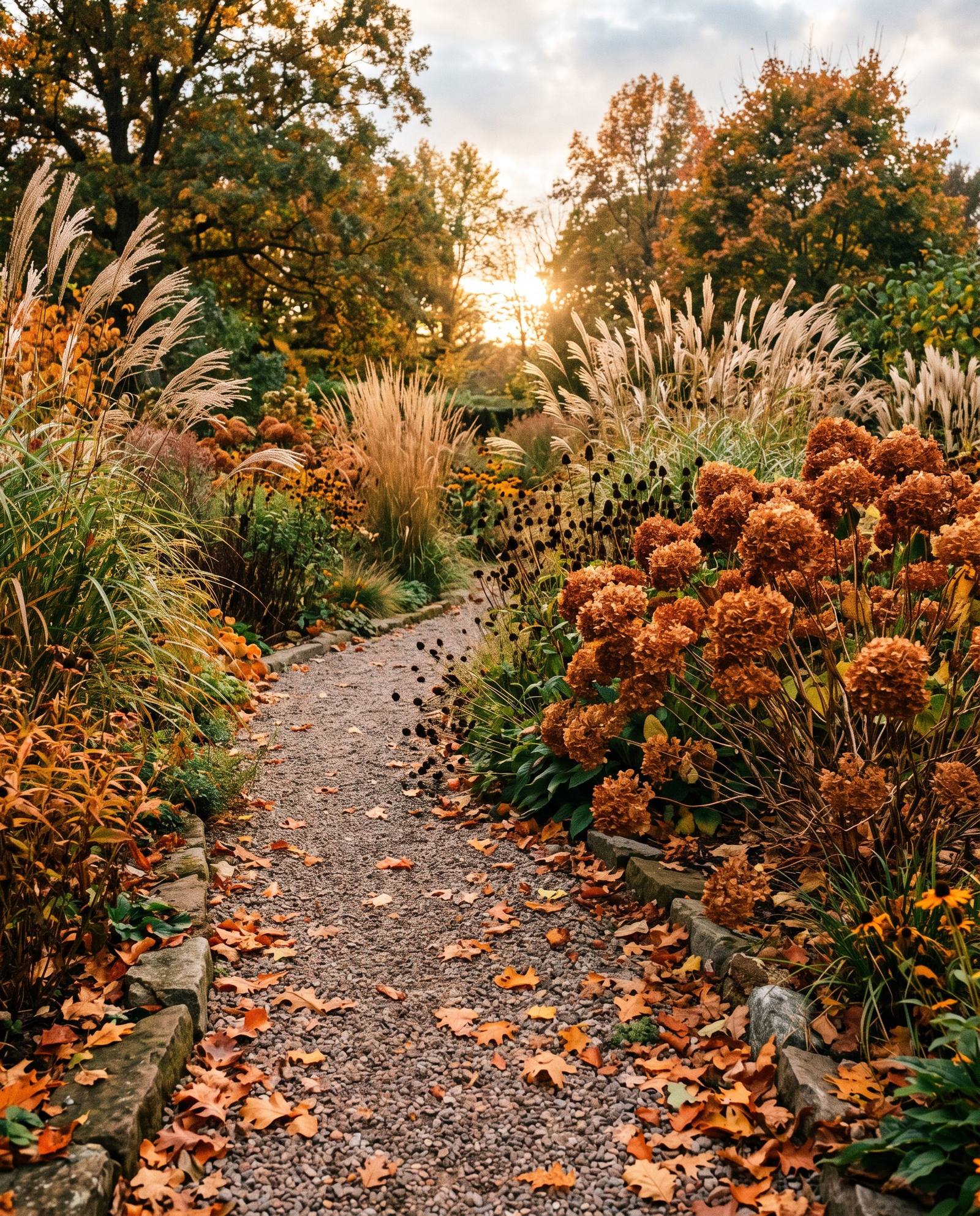 Siergrassen en zaaddozen in herfstlicht