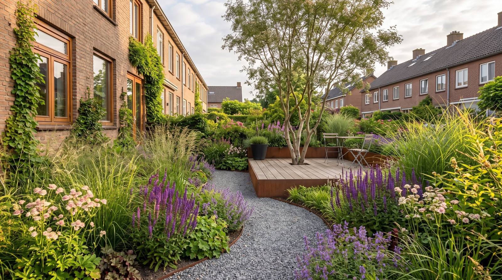 Tuin met gelaagde vaste planten, siergrassen, een grindpad en een houten terras