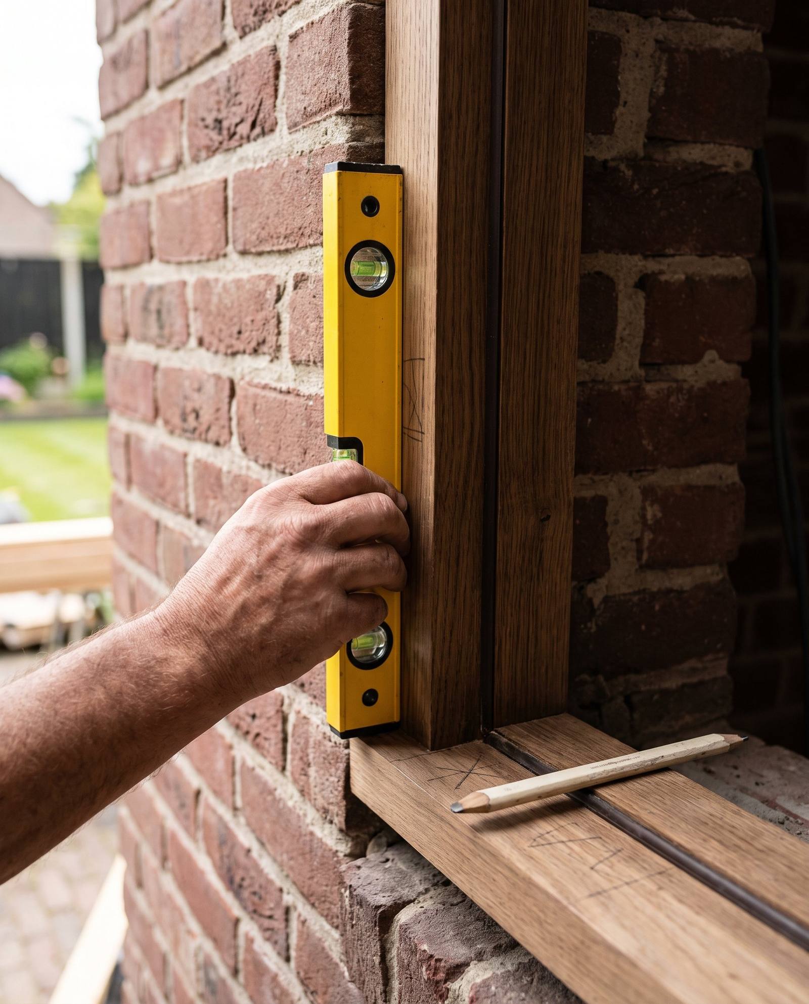 Nieuw hardhouten kozijn wordt waterpas gecontroleerd