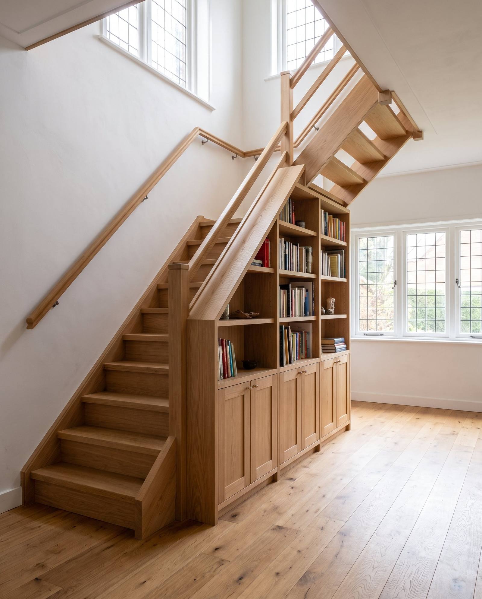 Eiken trap met ingebouwde boekenkast in een jaren-dertigwoning