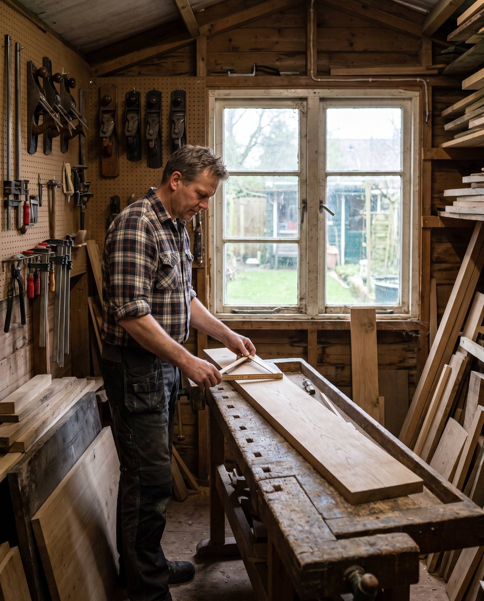 Joris meet een eiken plank op in zijn werkplaats