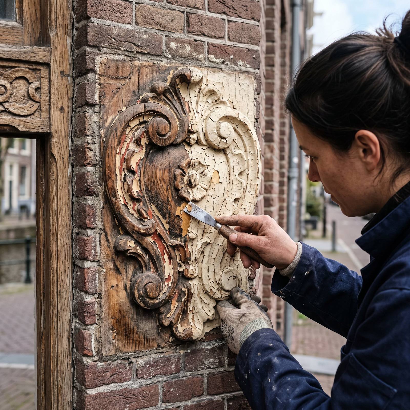 Oude verflagen worden van een houten ornament geschraapt