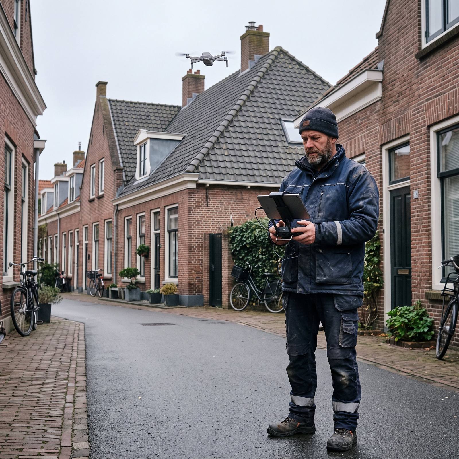 Dakdekker inspecteert een pannendak met een drone