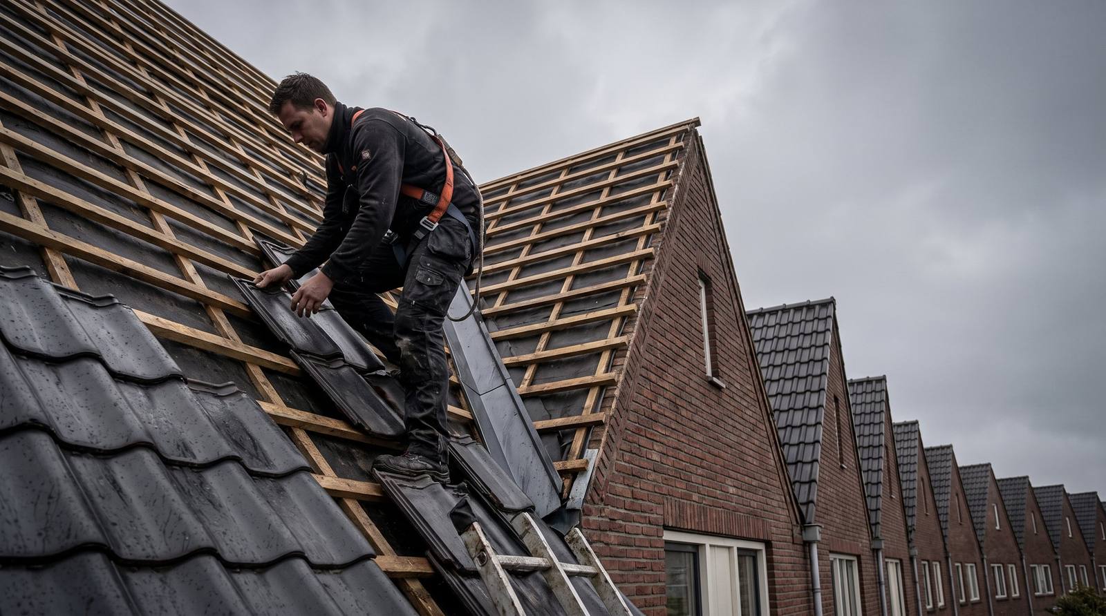 Dakdekker met valbeveiliging legt antraciet dakpannen op een steil dak