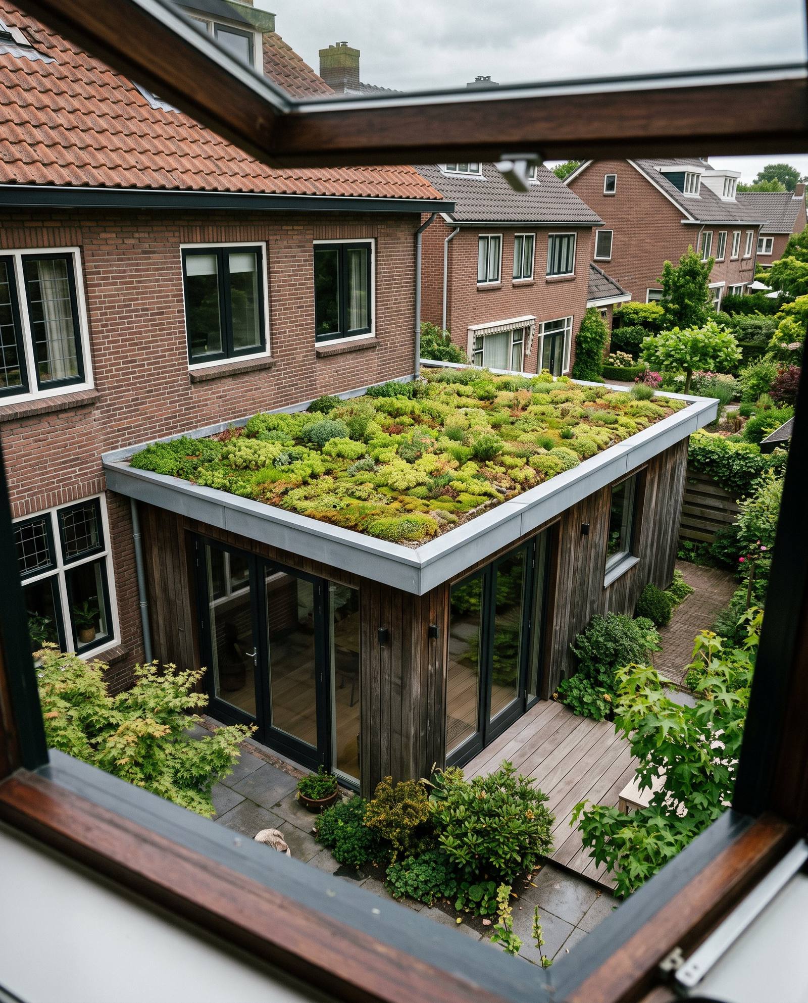 Sedumdak op een platte aanbouw