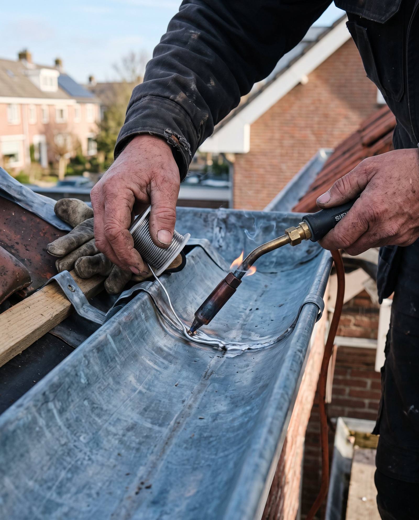 Dakdekker soldeert een zinken dakgoot