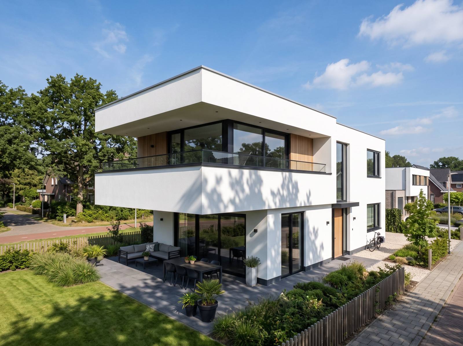 Wit woonhuis met uitkragende volumes