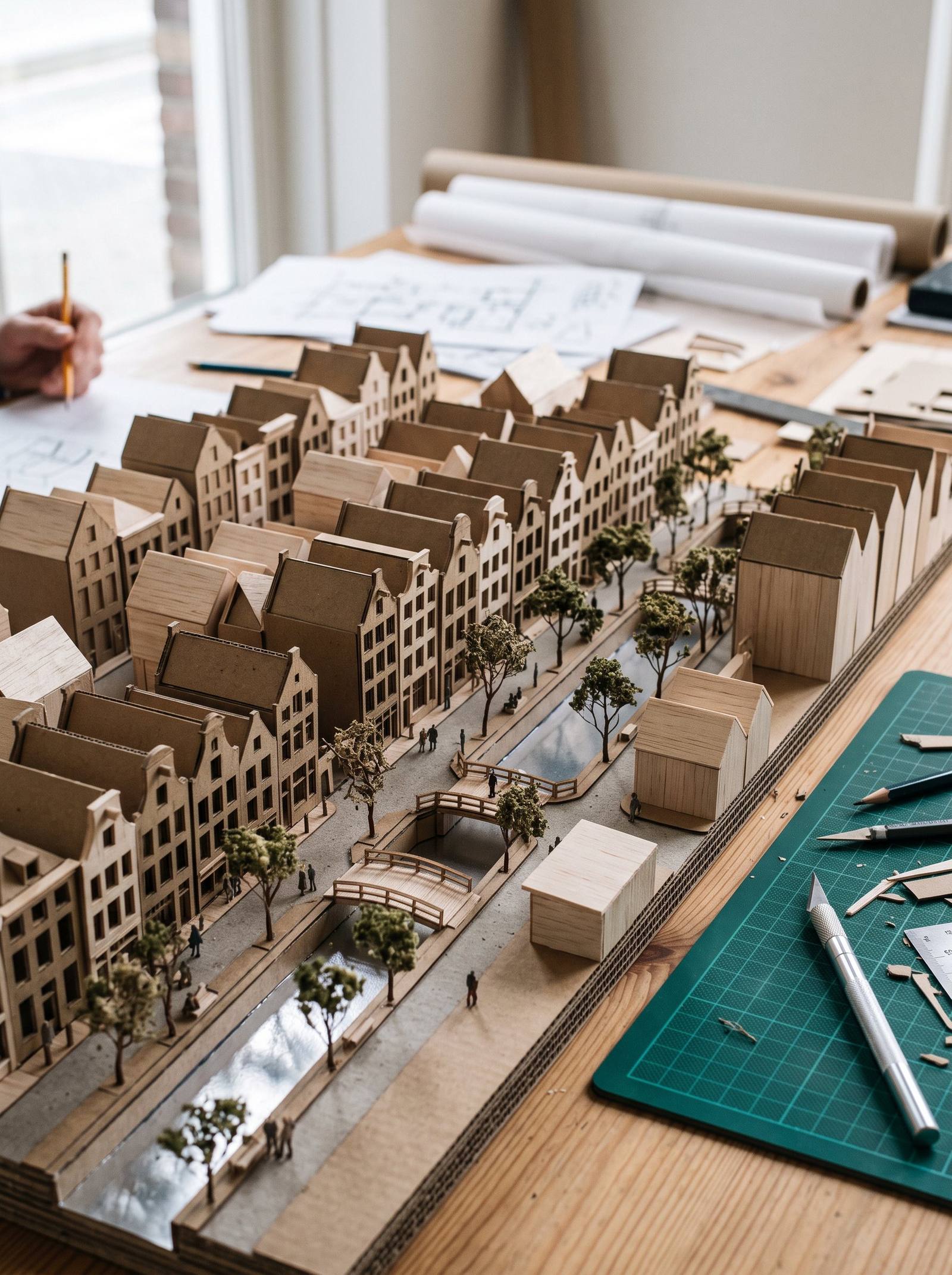 Kartonnen stedenbouwkundige maquette met bomen