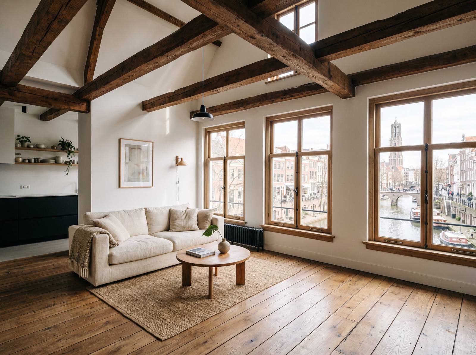 Bovenwoning met originele balken en ramen aan de gracht