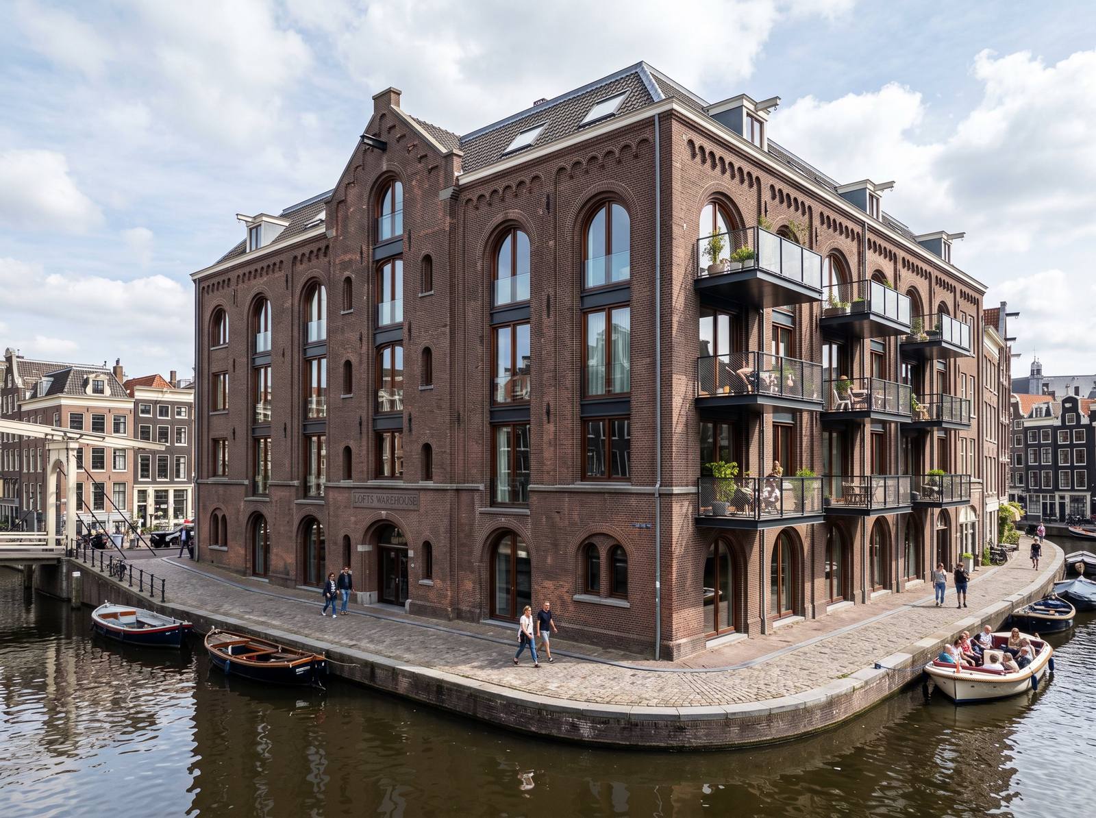 Bakstenen pakhuis met groene kozijnen en balkons