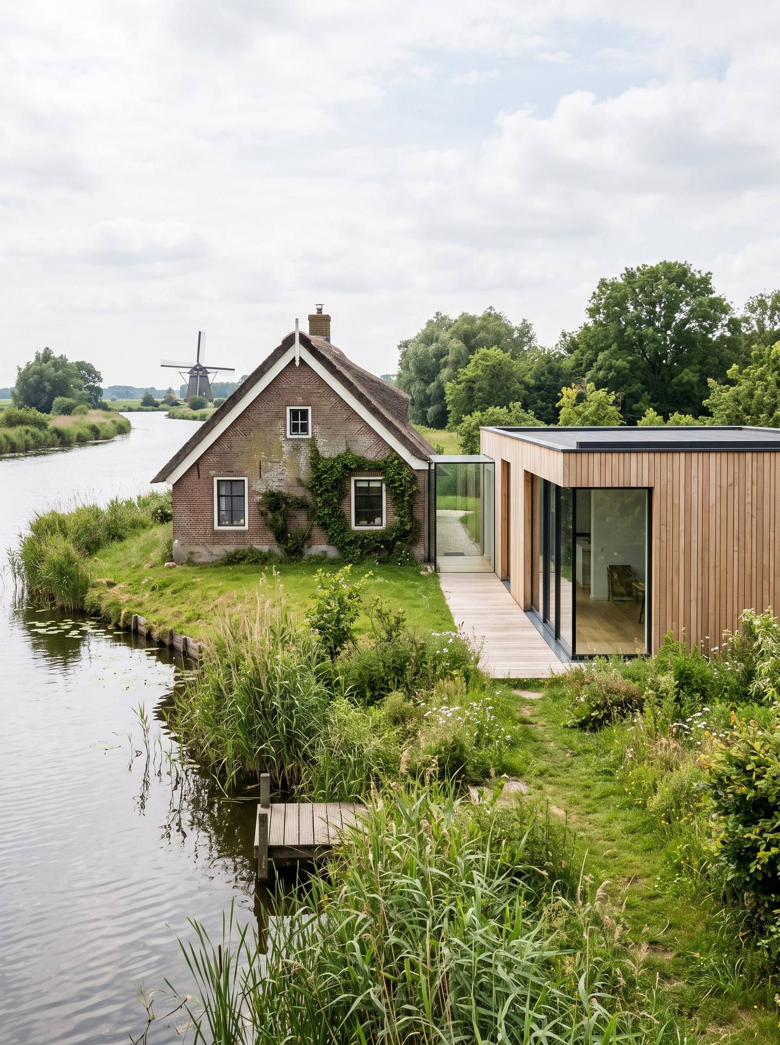 Boerderij aan de Vecht met glazen tussenlid naar een houten aanbouw