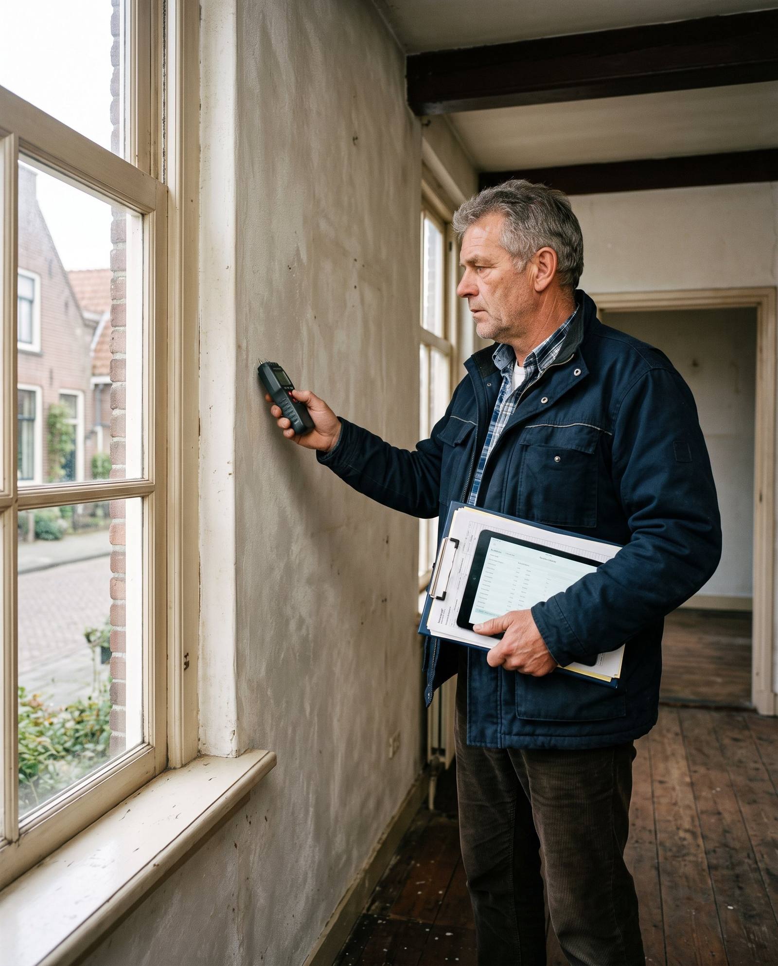 Bouwkundig inspecteur meet vocht in een muur
