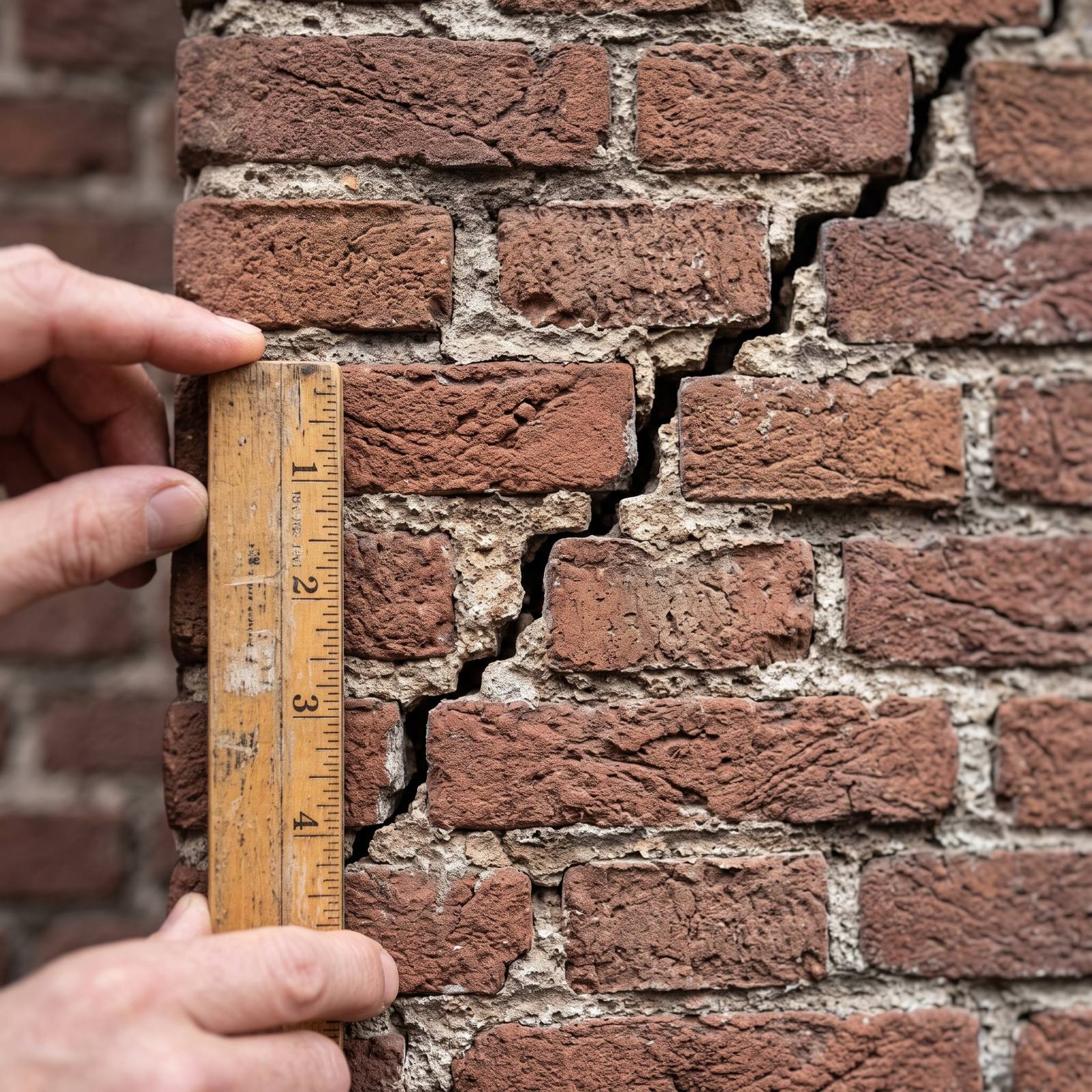 Trapvormige scheur in metselwerk met meetlat