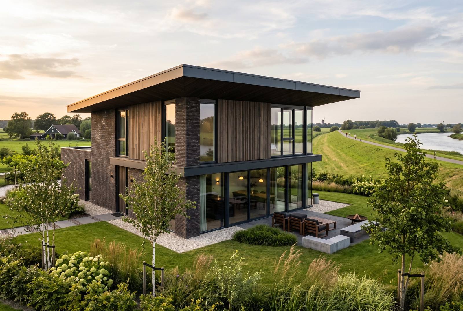 Villa IJsseldijk met hout en baksteen aan de dijk