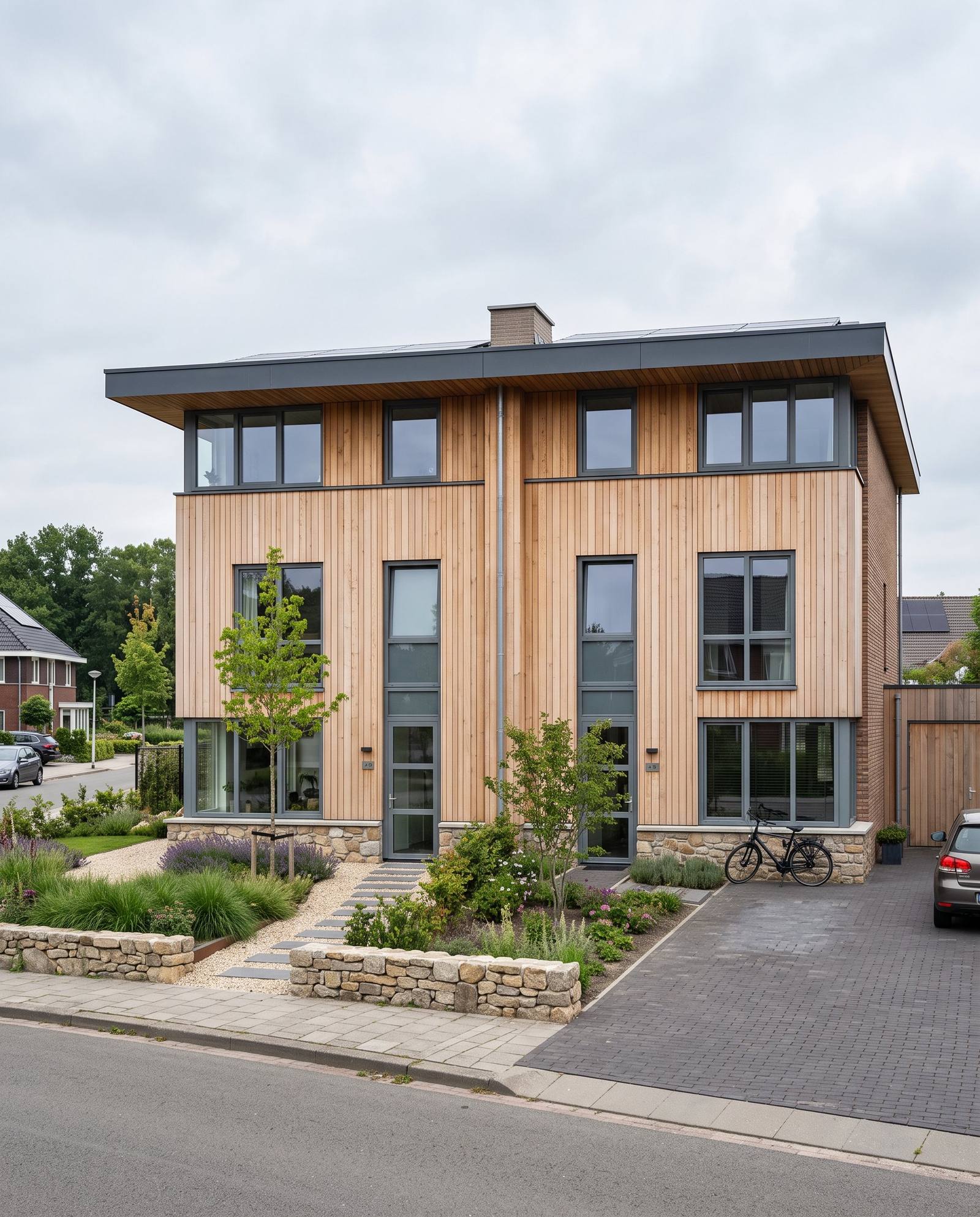 Woning met houten gevel en natuurstenen plint