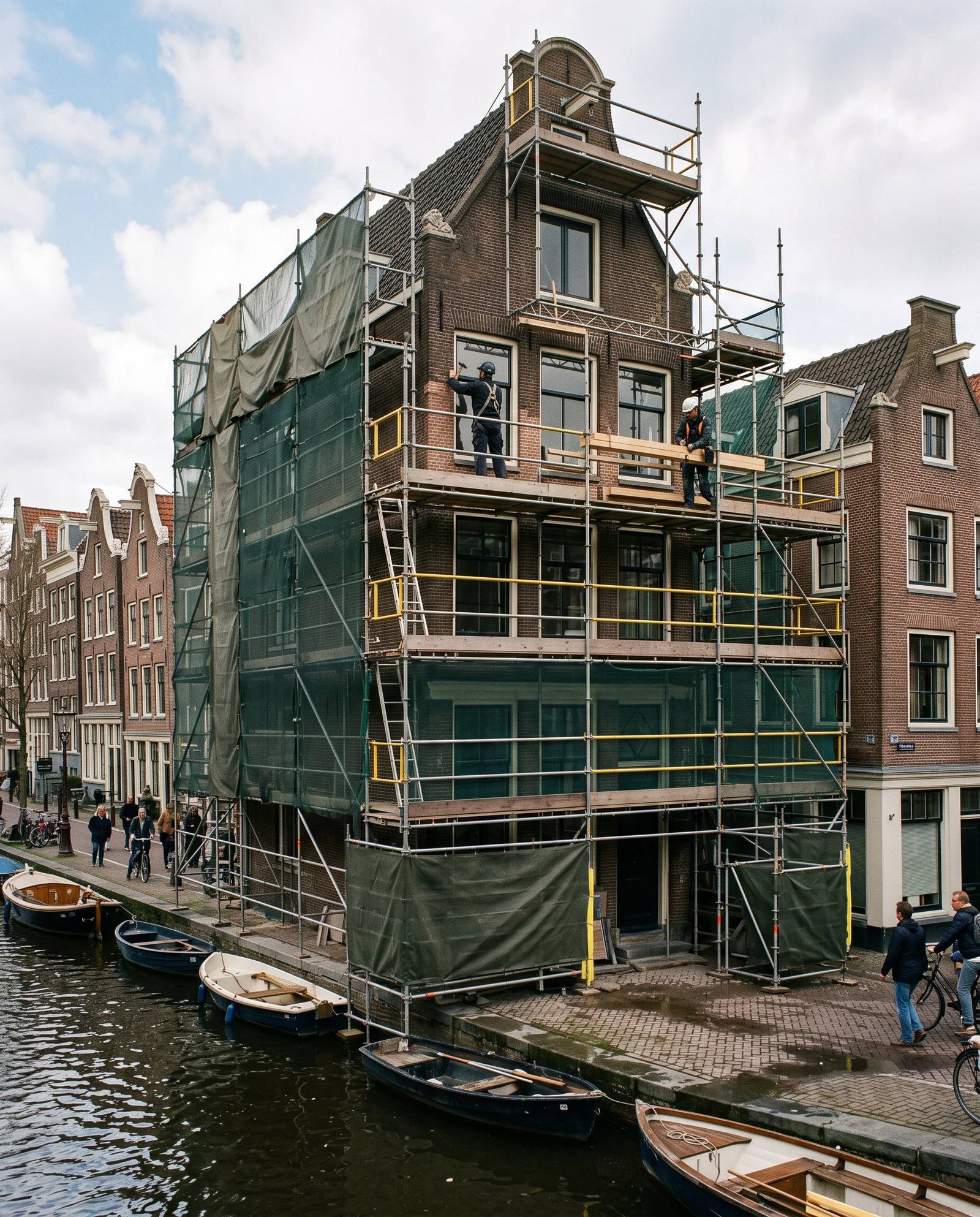 Grachtenpand in de steigers tijdens renovatie