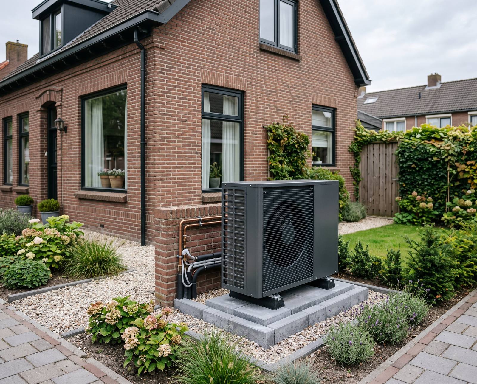 Buitenunit van een warmtepomp naast een woning